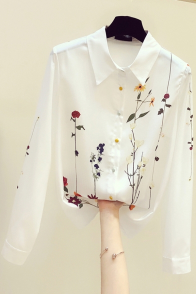 Elegant Women's Shirt Floral Pattern Button-down Point Collar Long Sleeves Regular Fitted Shirt