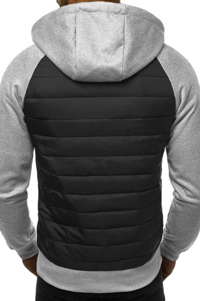 Fancy Men's Casual Jacket Contrast Piping Quilted Zip Closure Long Sleeves Drawstring Hooded Jacket