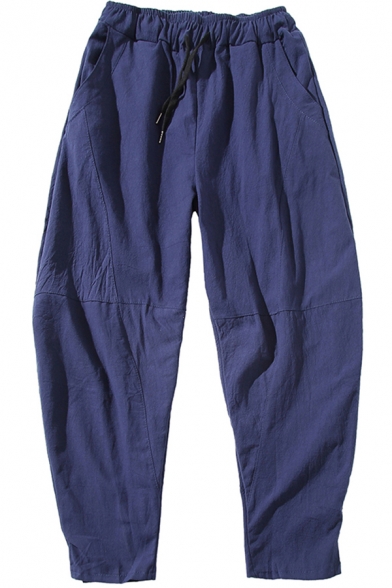 Fancy Men's Pants Solid Color Drawstring Waist Side Pocket Long Tapered Pants