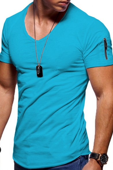 Fancy Men's Tee Top Heathered Zip Pocket Round Neck Short Sleeves Regular Fitted T-Shirt
