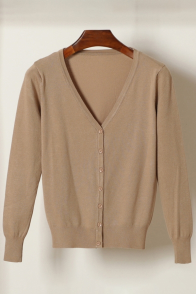 Fancy Women's Cardigan Solid Color Button Closure Ribbed Trim Long Sleeves Slim Fitted Cardigan