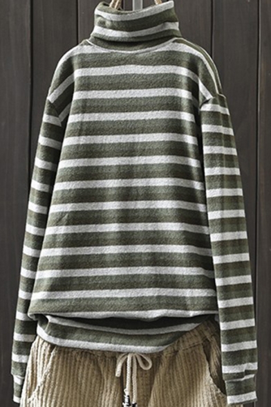 Fashion Womens T-shirt Long Sleeve Turtleneck Stripe Pattern Relaxed Tee Top