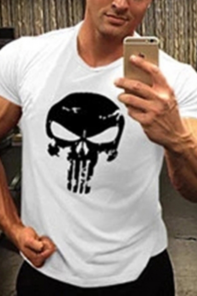 Guys Gym T-shirt Skull Patterned Short Sleeve Crew Neck Slim Fit T-shirt