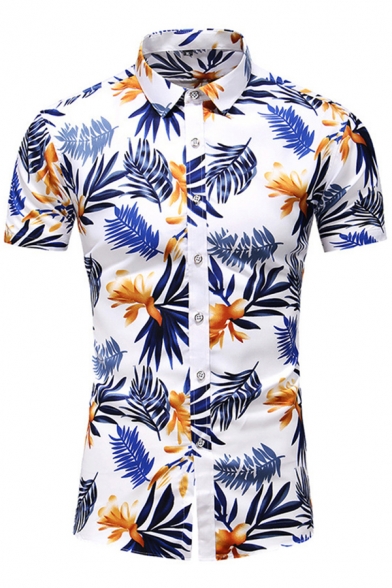 Leisure Men's Shirt All over Leaf Print Button Fly Turn-down Collar Short-sleeved Regular Fitted Shirt