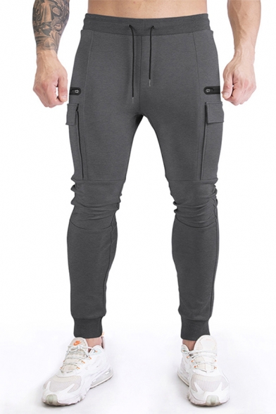 Mens Training Pants Zipper Pockets Ankle Skinny Solid Color Pants