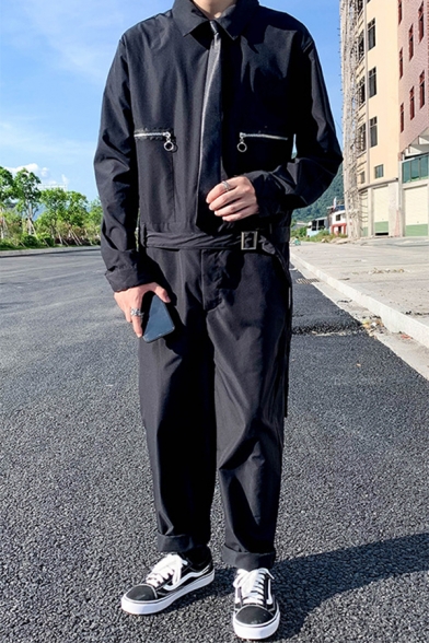 New Popular Solid Color Long Sleeve Lapel Collar Tied Waist Black Casual Jumpsuits Coveralls for Men