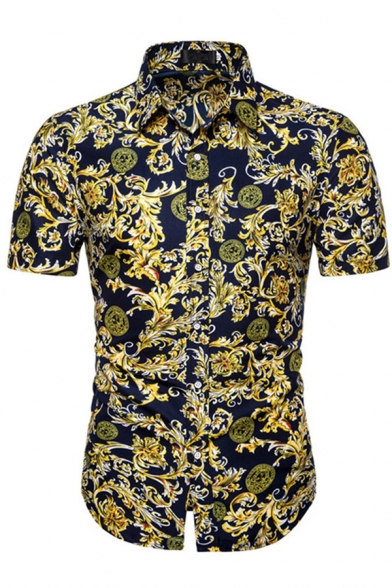 Stylish Guys Shirt All Over Floral Pattern Short Sleeve Spread Collar Button Up Slim Fit Shirt Top