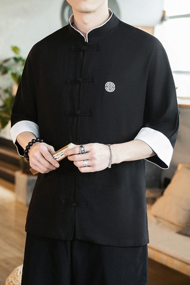 Stylish Men's Shirt Contrast Trim Horn Button Half Sleeve Mock Neck Regular Fitted Shirt