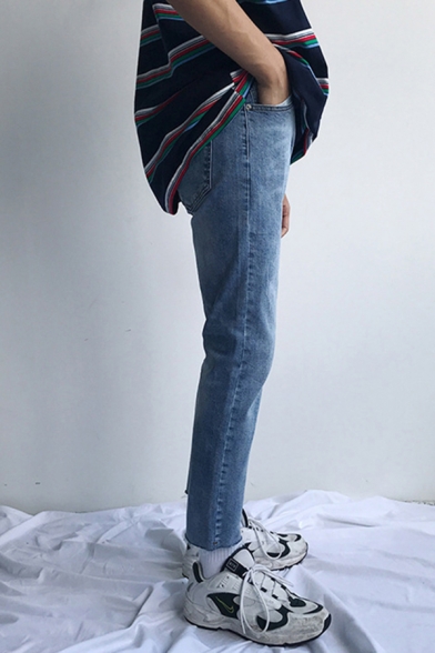 Trendy Men's Jeans Faded Wash Zip Fly Frayed Hem Ankle Length Tapered Denim Jeans