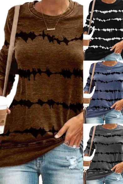 Trendy Women's Tee Top Tie Dye Stripe Pattern Round Neck Long Sleeves Regular Fitted T-Shirt