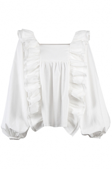 Womens Pretty Shirt White Blouson Sleeve Square Neck Ruffled Trim Loose Fit Shirt