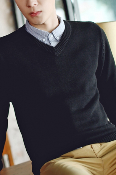 Basic Men's Sweater Solid Color Ribbed Trim V Neck Long-sleeved Fitted Pullover Sweater