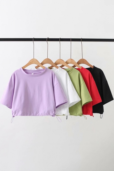Basic Women's Tee Top Solid Color Round Neck Drawstring Hem Short Sleeves Relaxed Fit Crop Top