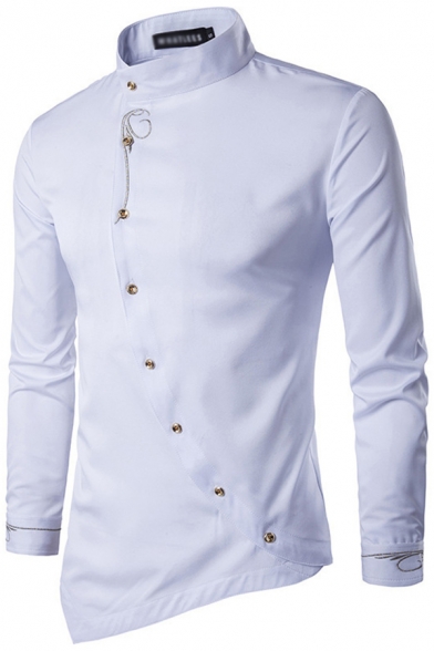 Casual Shirt Embroidered Long Sleeve Stand Collar Oblique Button Up Asymmetric Hem Fitted Shirt Top for Men
