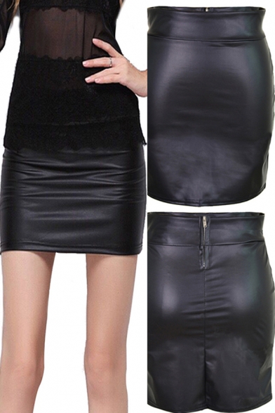 Cool Womens Skirt Leather High Rise Zip Up Mini Sheath Skirt in Black