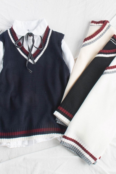 Cozy Women's Knit Vest Contrast Stripe Pattern Ribbed Trim V Neck Sleeveless Regular Fitted Pullover Knit Vest