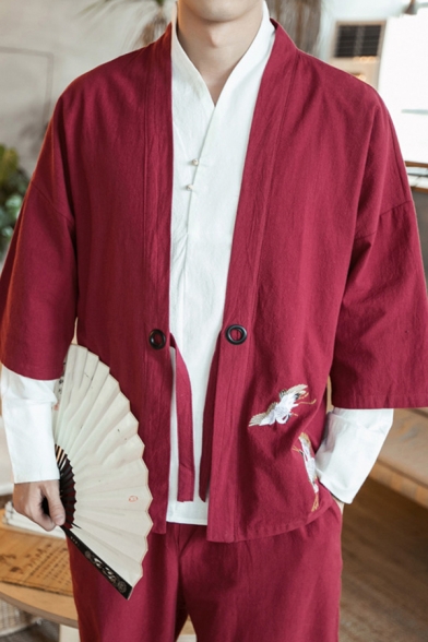 Fancy Men's Coat Crane Embroidered Open Front Half Sleeve Relaxed Fit Coat