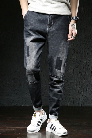 Fancy Men's Jeans Contrast Panel Side Pocket Zip Fly Rolled up Hem Ankle Length Tapered Denim Jeans