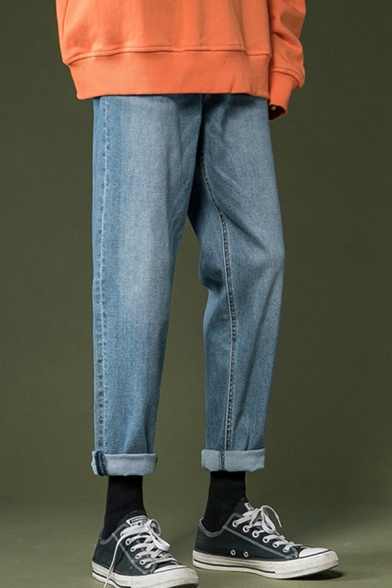 Fancy Men's Jeans Faded Wash Pocket Design Zip Fly Ankle Length Jeans Tapered Denim Jeans