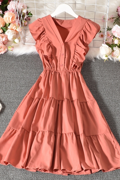 Fancy Women's A-Line Dress Solid Color Tiered Ruffle Hem Button Detail V Neck Sleeveless Regular Fitted A-Line Dress