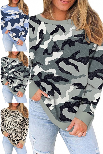 Fancy Women's Tee Top Camo Leopard Print Contrast Trim Round Neck Long Sleeves Regular Fitted T-Shirt