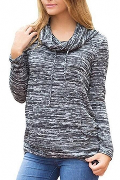 Fancy Women's Tee Top Space Dye Pattern Front Pocket Long Sleeves Regular Fitted Drawstring Cowl Neck Fitted T-Shirt