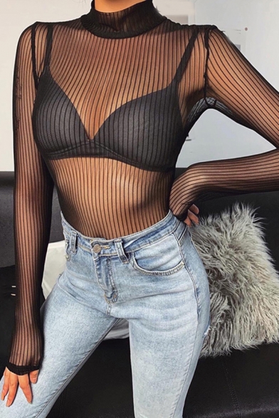 Hot Womens T Shirt See-through Mesh Striped Long Sleeve Mock Neck Cut Out Slim Fit T Shirt in Black