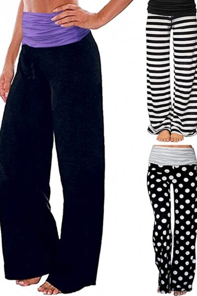 Leisure Girls Pants Contrasted Stripe Floral Polka Dot Printed Long Length Wide-leg Pants