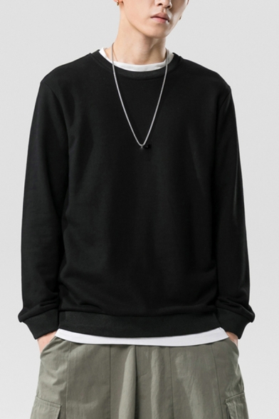 Leisure Men's Sweatshirt Solid Color Fleece Lined Ribbed Trim Round Neck Long Sleeve Regular Fitted Sweatshirt