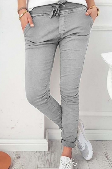 Leisure Women's Pants Solid Color Pocket Detail Drawstring Waist Ankle Length Pants