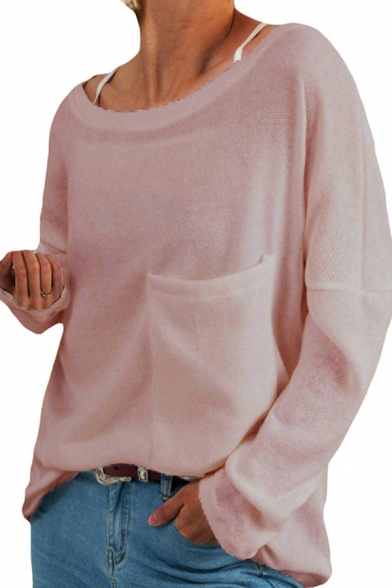 Leisure Women's Tee Top Solid Color Boat Neck Long Sleeves Chest Pocket Regular Fitted T-Shirt