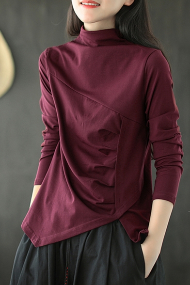 Leisure Womens Tee Top Solid Color Long Sleeve Mock Neck Slit Side Ruched Regular T Shirt