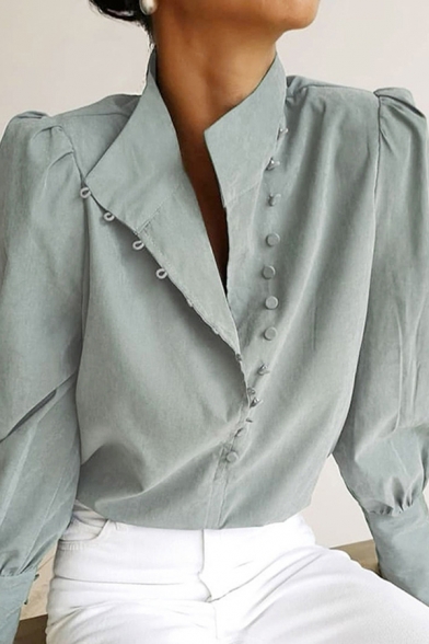 Simple Girls Plain Shirt Long Sleeve Stand Collar Button-up Regular Fit Shirt