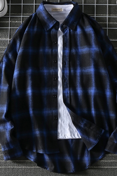Street Boys Shirt Plaid Printed Long Sleeve Point Collar Button Up Relaxed Shirt Top