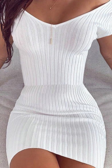 Stylish Women's Bodycon Dress Solid Color Ribbed Knit off the Shoulder Mini Bodycon Dress