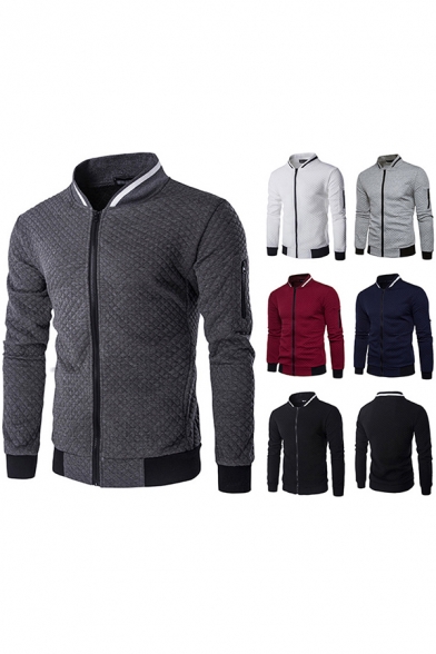 Trendy Men's Jacket Quilted Detail Contrast Trim Stripe Pattern Zip Placket Long Sleeves Regular Fitted Jacket