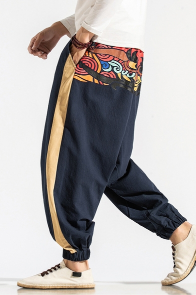 Trendy Men's Pants Contrast Panel Graphic Print Low Crotch Banded Cuffs Ankle Length Jogger Pants