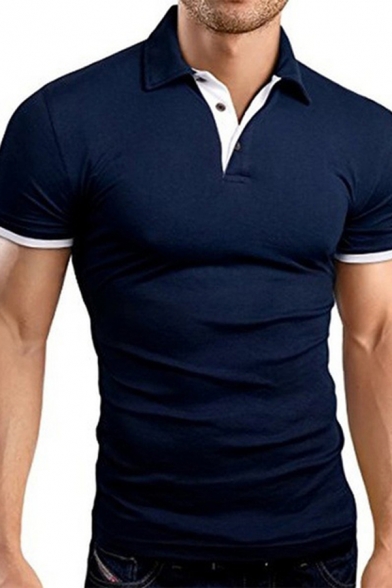 Trendy Men's Polo Shirt Contrast Trim Button Detail Turn-down Collar Short Sleeves Regular Fitted Polo Shirt