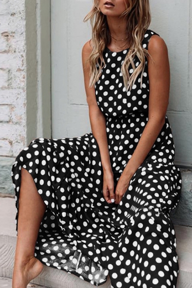 Trendy Women's Blouse Dress Polka Dot Pattern Round Neck Drawstring Waist Sleeveless Long Blouse Dress