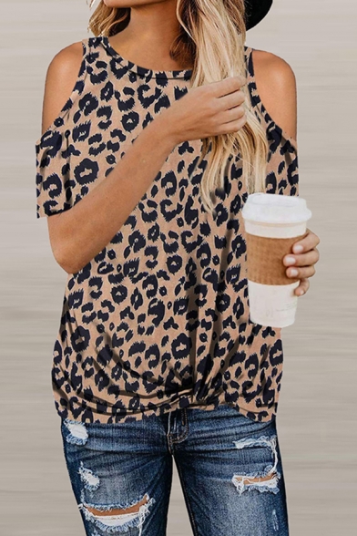 Trendy Women's Tee Top Leopard Print Cold Shoulder Round Neck Short Sleeves Regular Fitted T-Shirt