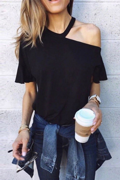 Trendy Women's Tee Top Solid Color Halter Neck Cold Shoulder Short Flare Cuff Sleeves Regular Fitted T-Shirt