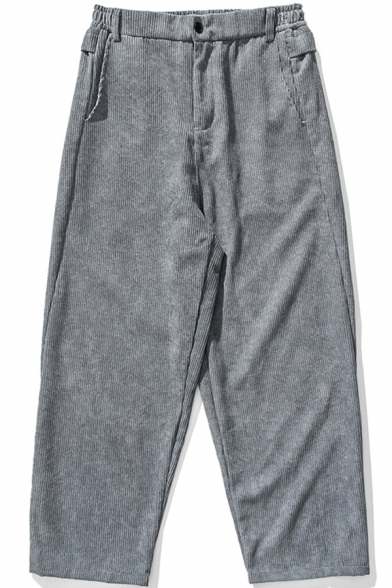 Unique Men's Pants Solid Color Pocket Detail Corduroy Elastic Waist Long Straight Pants