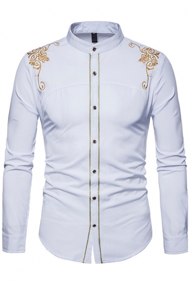 Vintage Mens Shirt Floral Embroidery Long Sleeve Stand Collar Button Up Slim Fit Shirt Top
