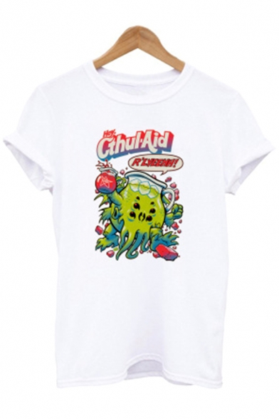 Cartoon Octopus Letter Printed Round Neck Short Sleeve Graphic Tee