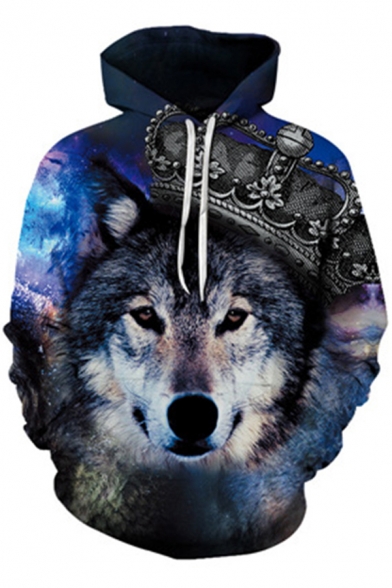 Elegant Men's Hoodie Galaxy Wolf 3D Pattern Long Sleeve Drawstring Hooded Sweatshirt