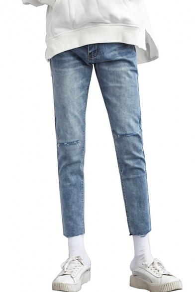 Elegant Men's Jeans Broken Hole Distressed Frayed Cropped Zip Fly Mid Waist Denim Jeans
