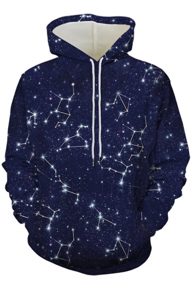 Fancy Blue Starry Galaxy Printed Long Sleeve Casual Sport Pullover Hoodie
