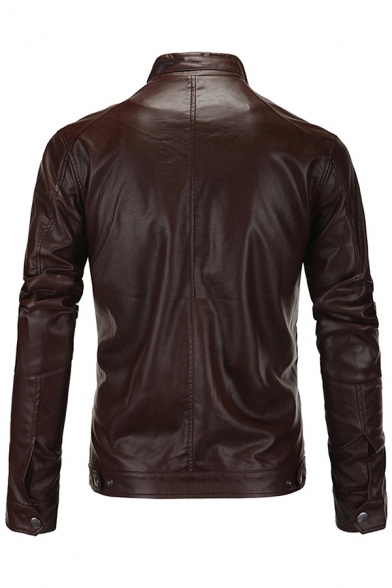 Fancy Men's Leaher Jacket Solid Color Zip Placket Stand Collar Long Sleeves Regular Fitted Leather Jacket