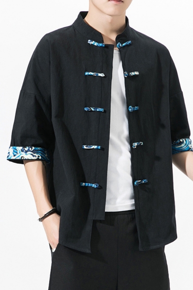 Fancy Men's Shirt Contrast Trim Horn Button Mock Neck Half Sleeve Regular Fitted Shirt