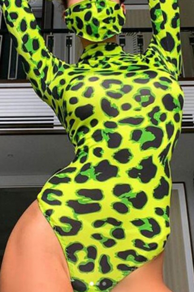 Fashion Womens Bodysuit Leopard Print Long Sleeve Mock Neck Skinny Bodysuit